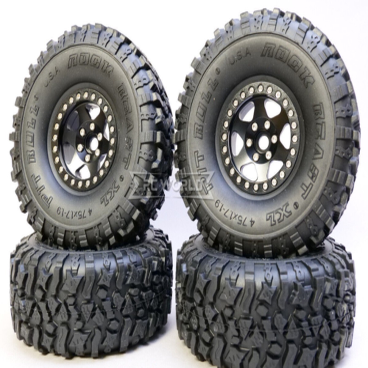 RC Truck Rims 1.9 Metal BEADLOCK 6 STAR Wheels W/ 120mm PB Tires (4pcs) -BLACK- Soft