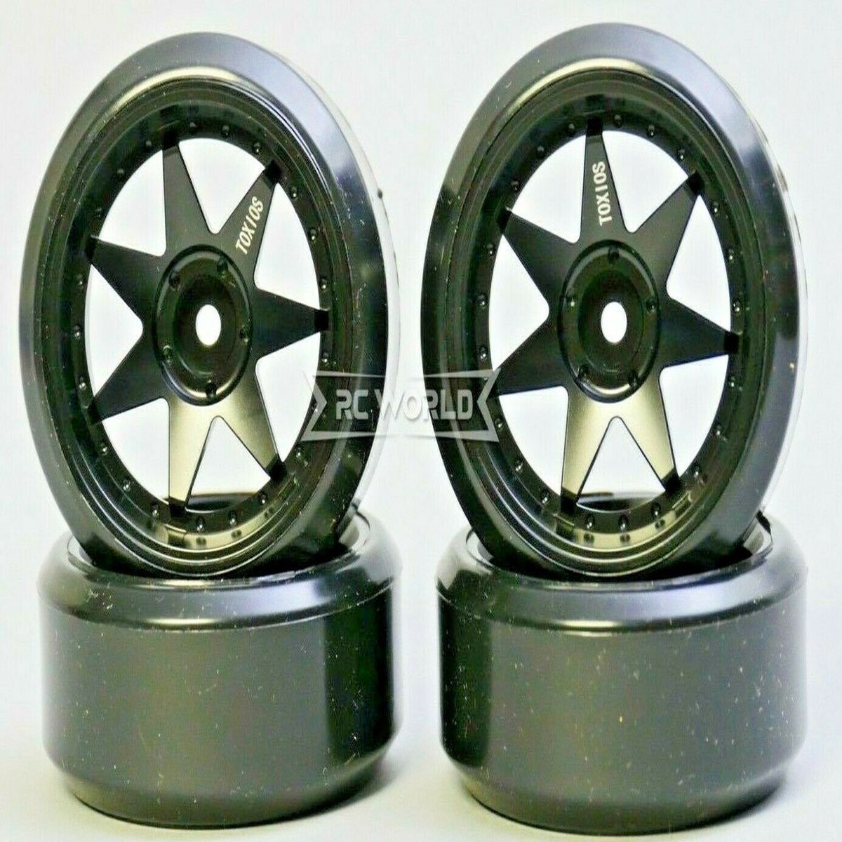 1/10 RC Metal RIMS 7 Star DRIFT Wheels Lightweight 6mm W/ DRIFT Tires 4PCS BLACK