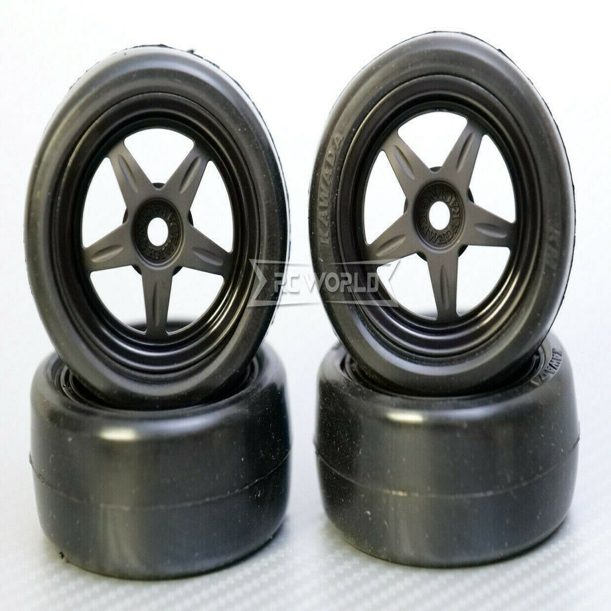 Kawada 1/12 Car Wheels 5 STAR BLACK Narrow W/ SLICKS Tires SET (4PCS)