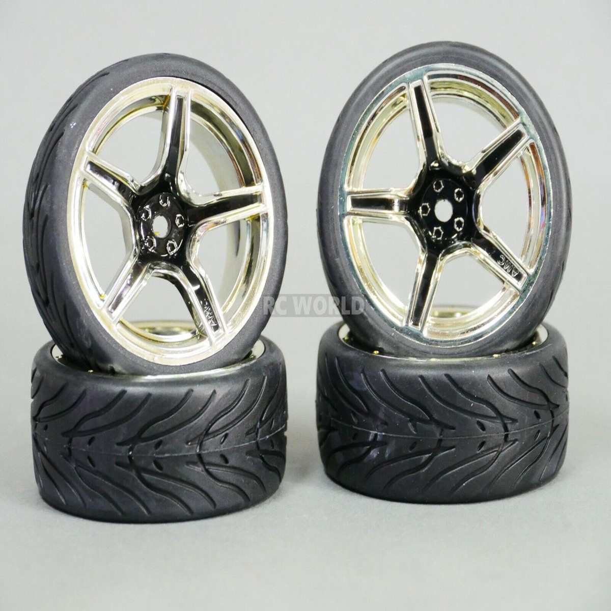 RC 1/10 Wheels w/ Street TIRES 3MM Offset BLACK 5 STAR Chrome (4pcs)