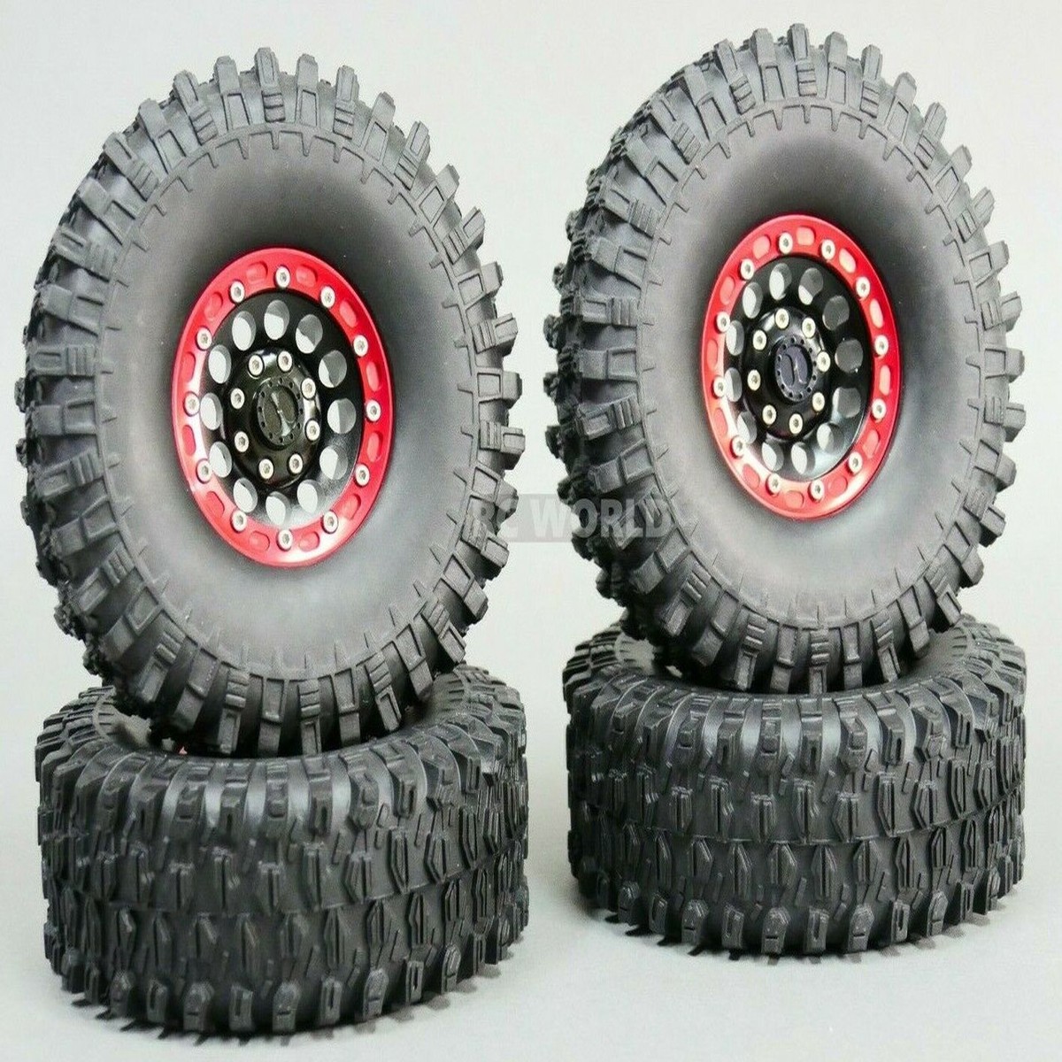 1/10 Metal 1.9 Truck Beadlock Rims + 120mm TIRES V1 Black + Red Rings