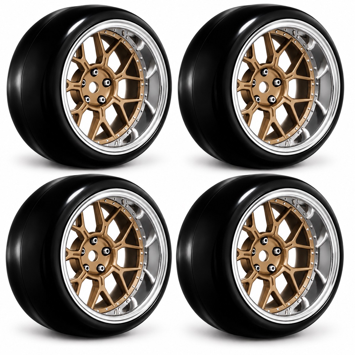 RC Wheels SET Adj. Offset 2/4/6/8mm -14 SPOKE BRONZE/CHROME LIP W/ TIRES (4 pcs)