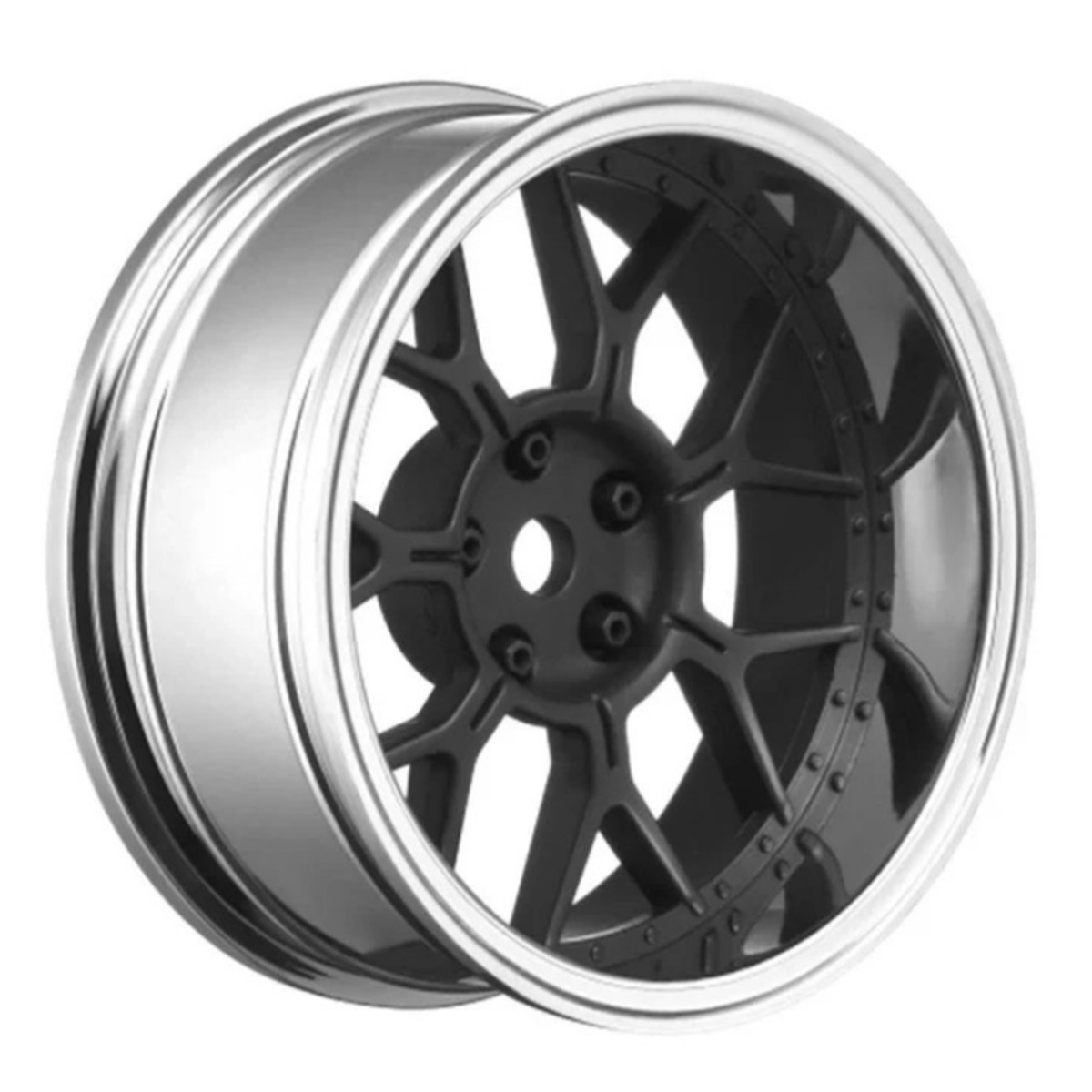 RC Wheels SET Adjustable Offset 2/4/6/8mm -14 SPOKE BLACK W/ CHROME LIP (4 pcs)