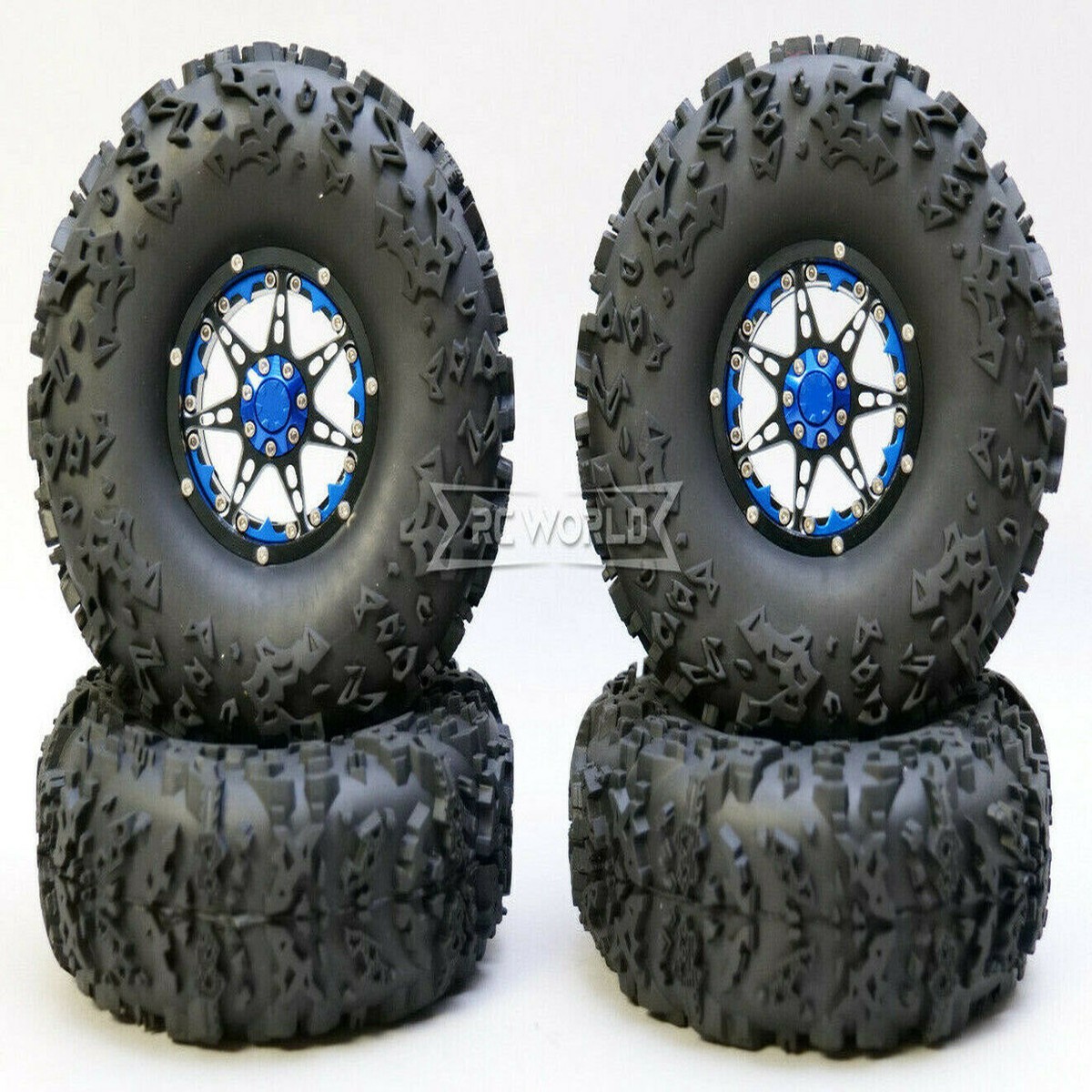 1/10 Truck Wheels 2.2 Aluminum RIMS Beadlock 7 Star RIMS + TIRES 140MM BLACK W/ BLUE
