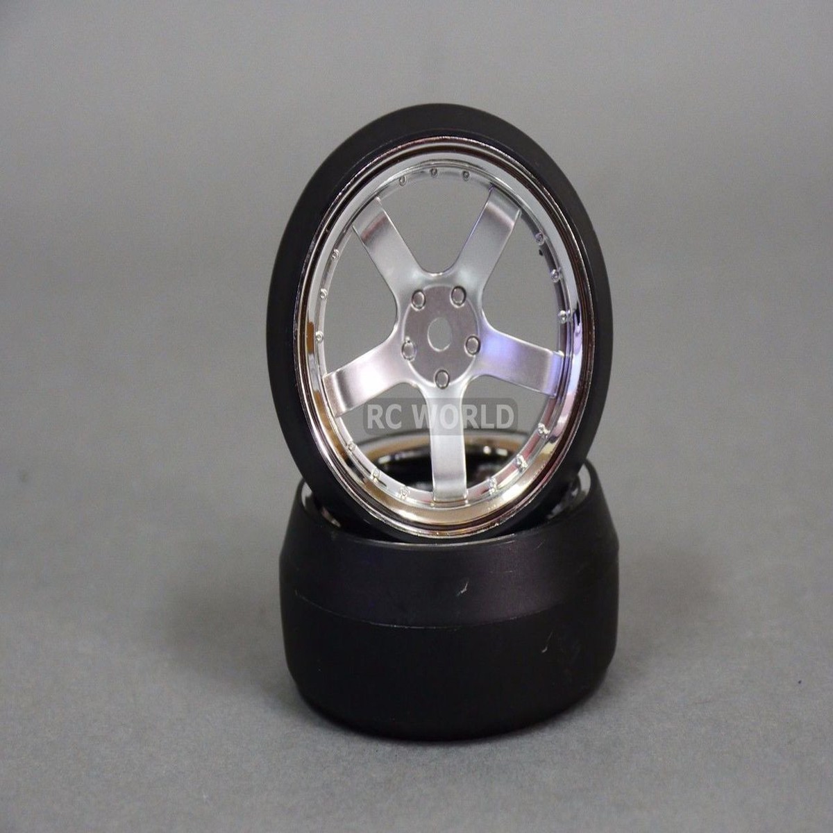 RC 1/10 DRIFT WHEELS Package 0 Degree 9 MM Offset 5 Spoke SILVER W/ CHROME LIP