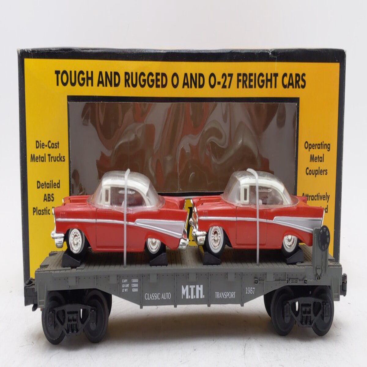 MTH 30-7610 O Gauge MTH Lines Flat Car with 2 Red Ertl '57 Chevys LN/Box