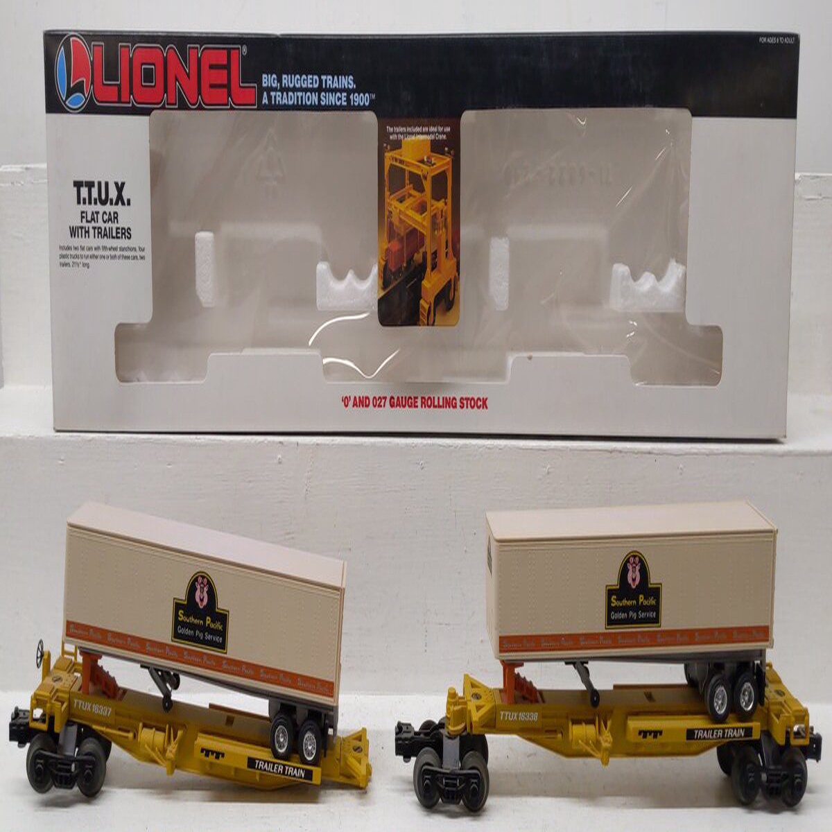 Lionel 6-16345 O TTUX Flatcar w/ Southern Pacific Trailers VG/Box