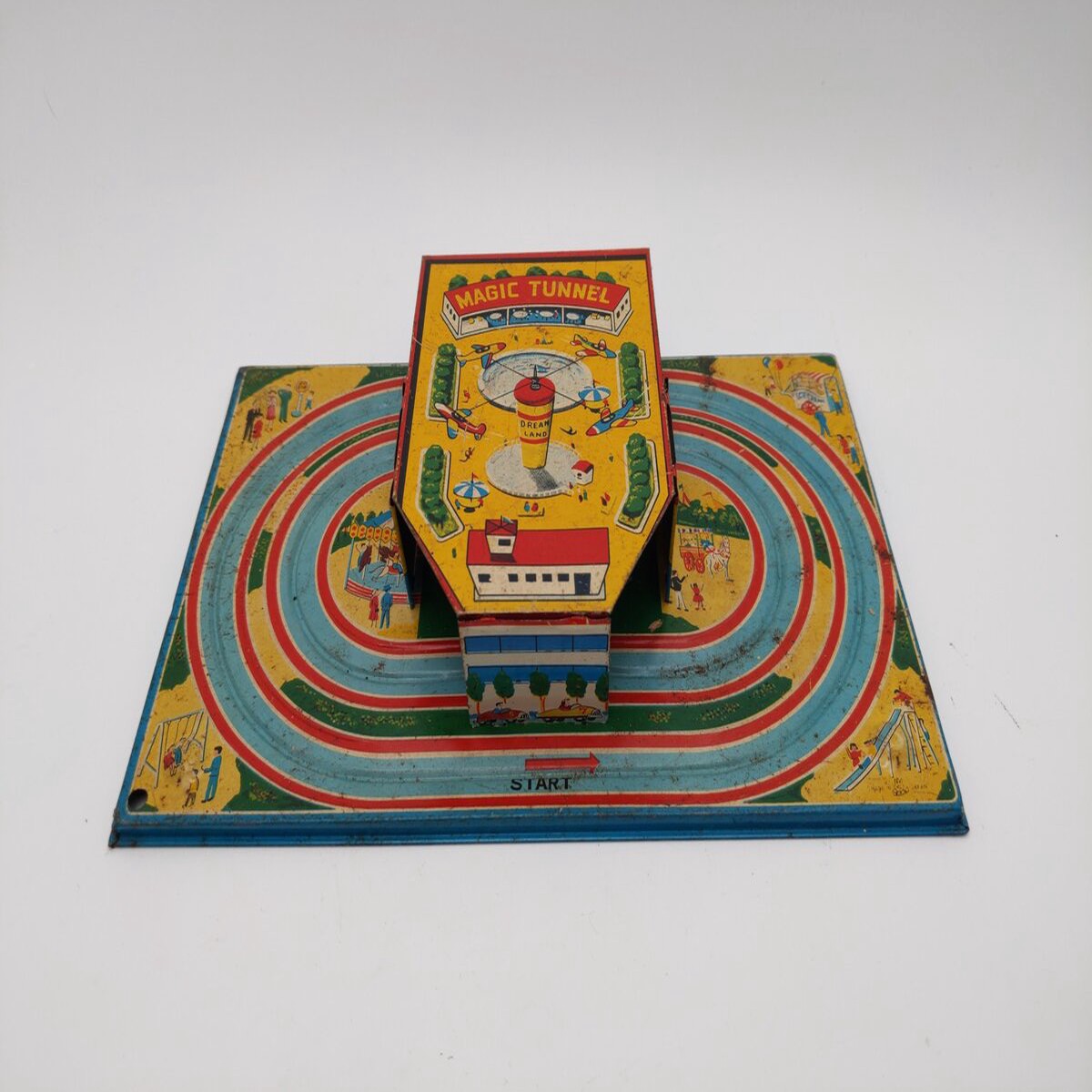 Tokyo Plaything Shokai Dream Land Bus in Magic Tunnel Wind-up Tin Toy VG