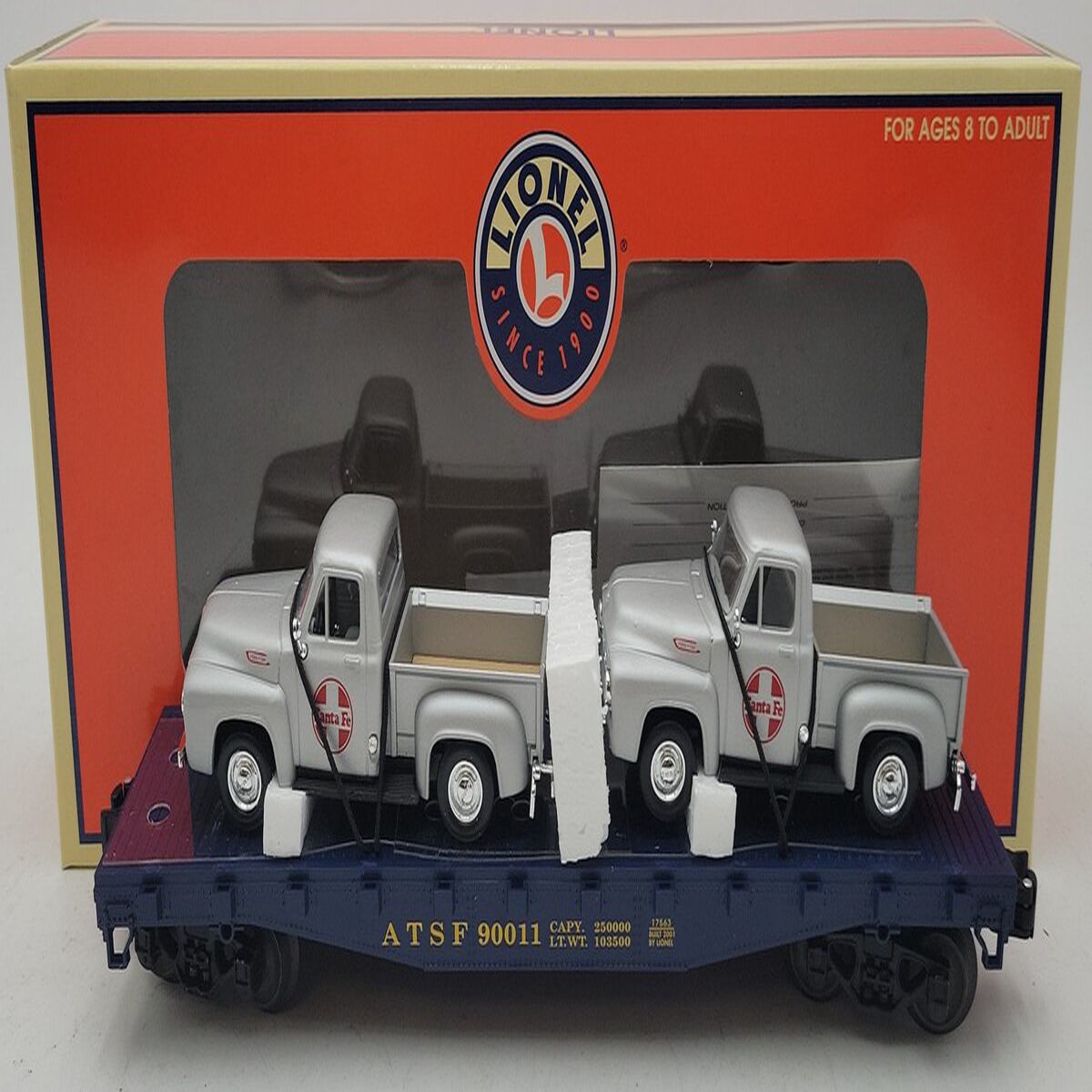 Lionel 6-17563 O Gauge Santa Fe Flatcar w/ Two 1953 Pickups NIB