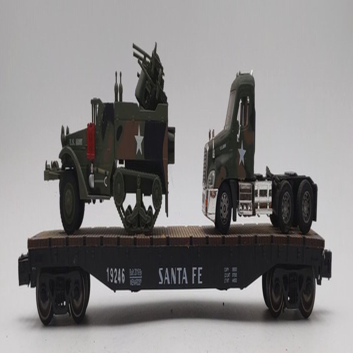 Menards 279-3384 O Gauge Army Flatcar w/ Half Track and Semi Tractor #19246 EX