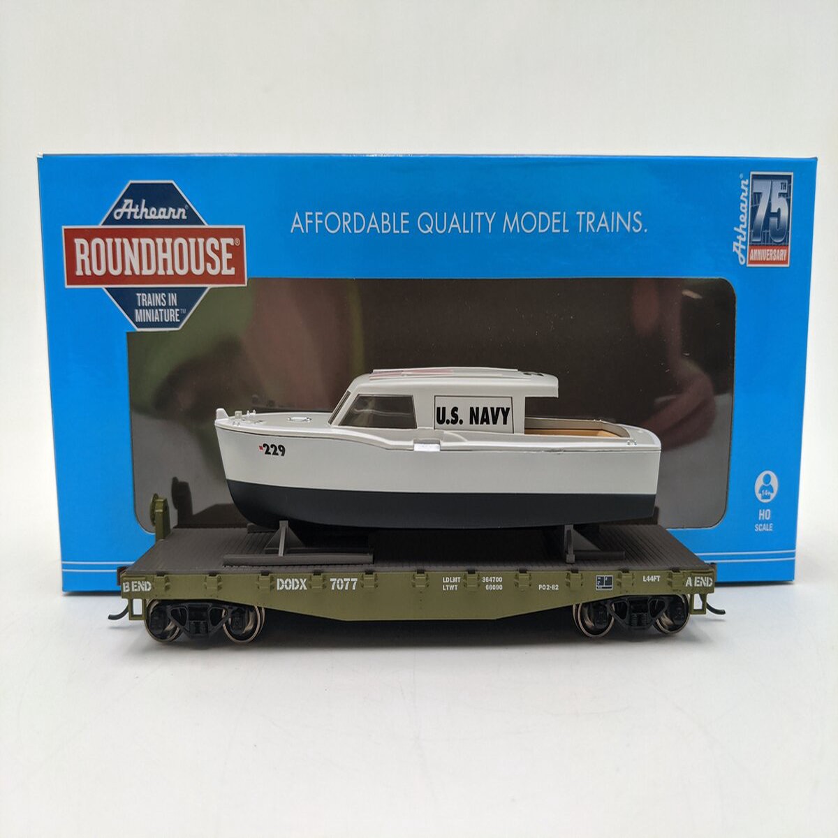 Athearn RND2300 HO Scale DODX 40' Flat Car With Boat LN/Box