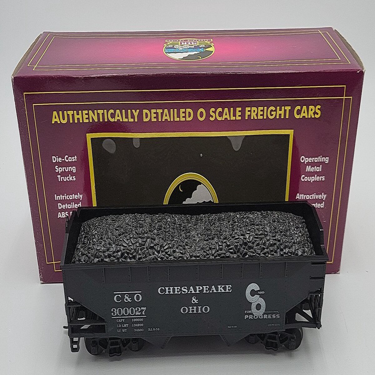 MTH 20-97416 O Gauge Chesapeake & Ohio 2-Bay Hopper w/Coal Load (2-Rail) EX/Box