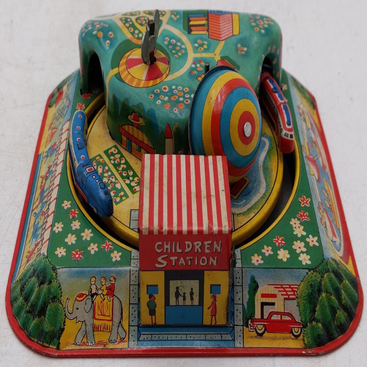 Vintage Tin Windup Children Station Train Toy VG