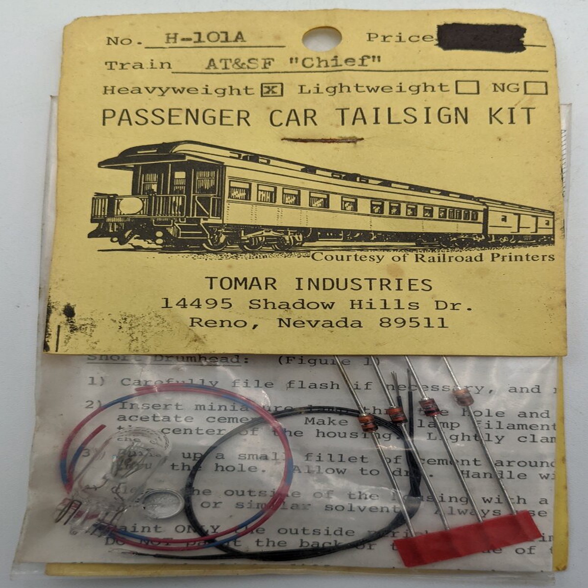Tomar Industries 101 ATSF Chief Heavyweight Passenger Car Tail Sign Kit
