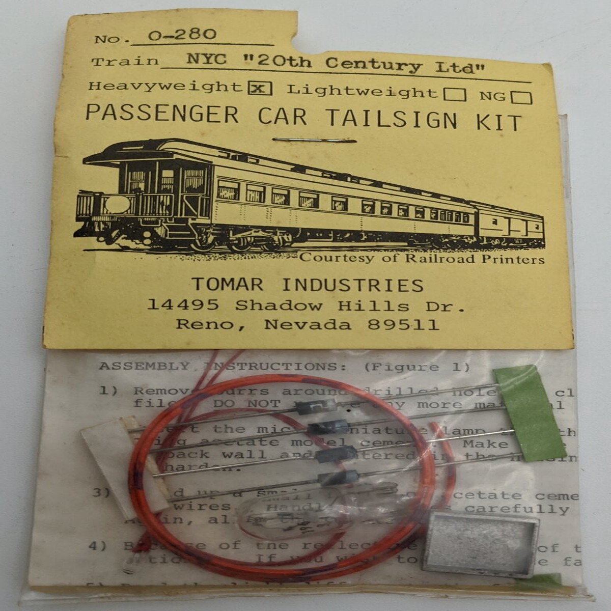 Tomar Industries 280 NYC 20th Century Ltd. Passenger Car Tail Sign Kit