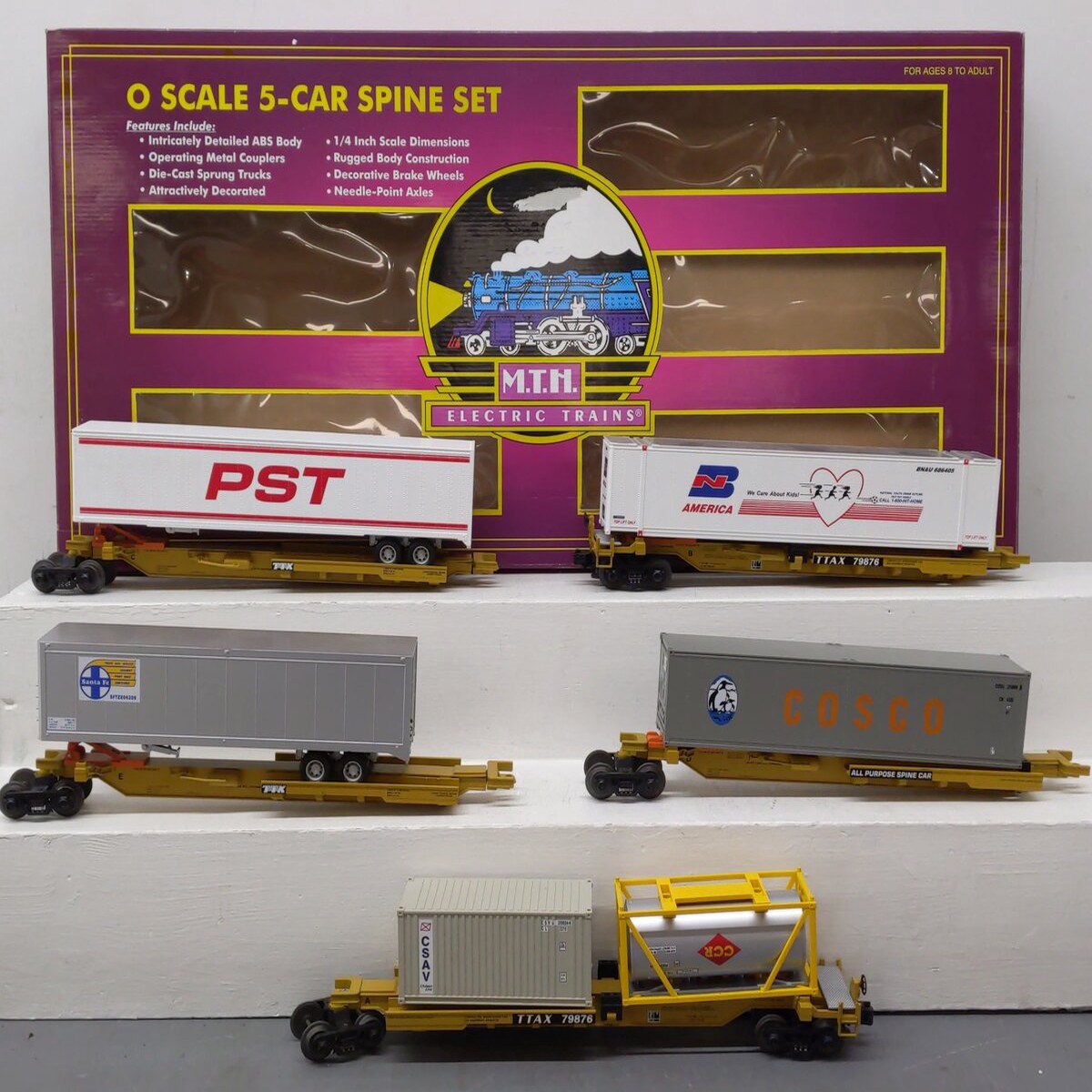 MTH 20-95035 O Gauge T.T.U.X. Spine Car Set with Loads (Set of 5) EX/Box
