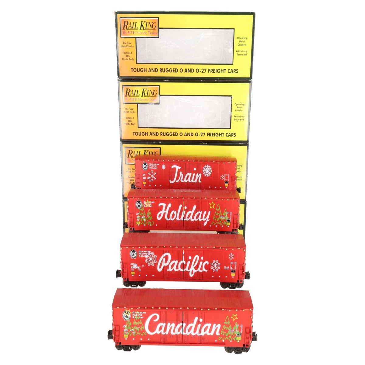 MTH 30-70111 O Canadian Pacific 50' Double-Door Holiday Light Boxcars (Set of 4) LN/Box
