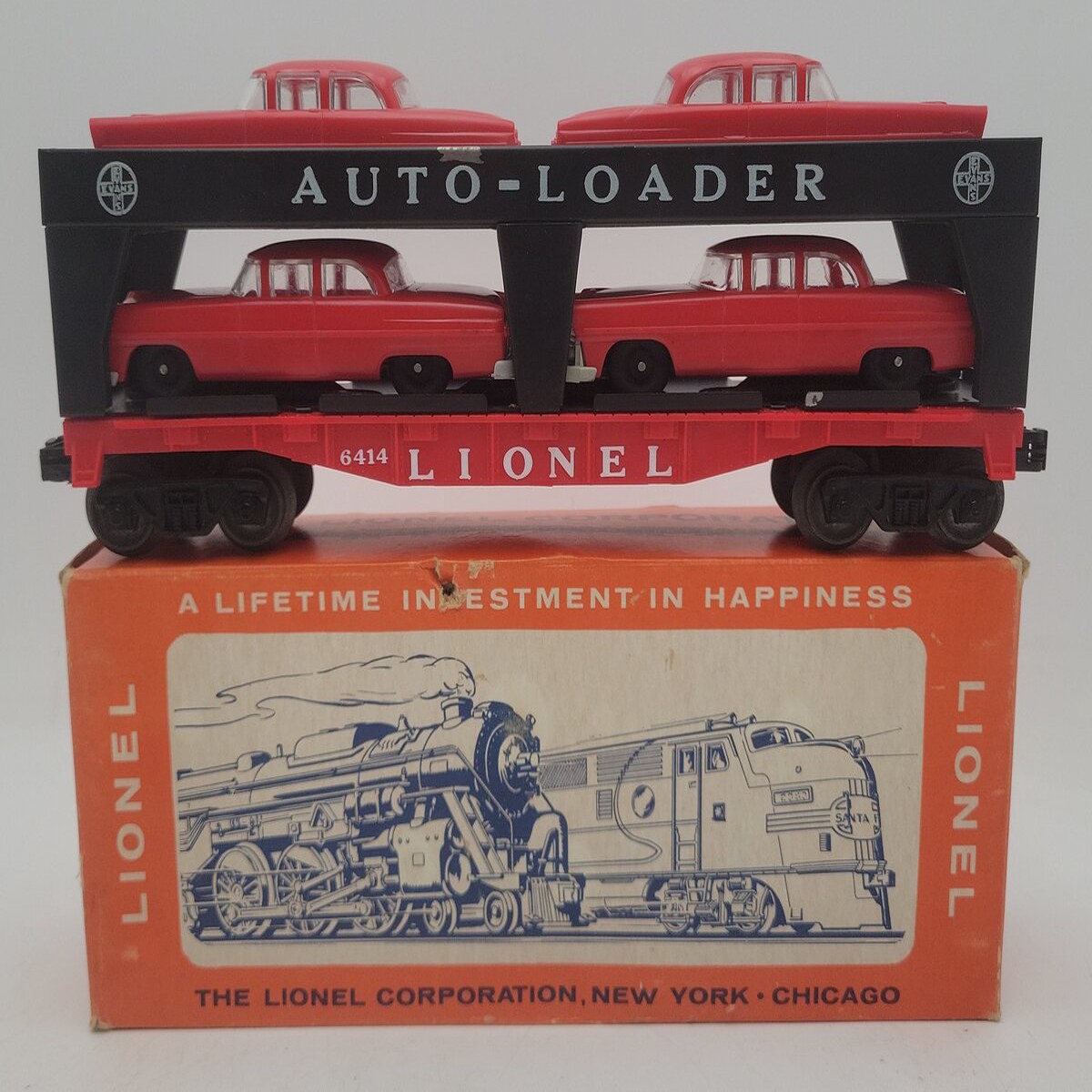 Lionel 6414 Vintage O Evans Autoloader with 4 Red Autos with Gray Bumpers VG/Box