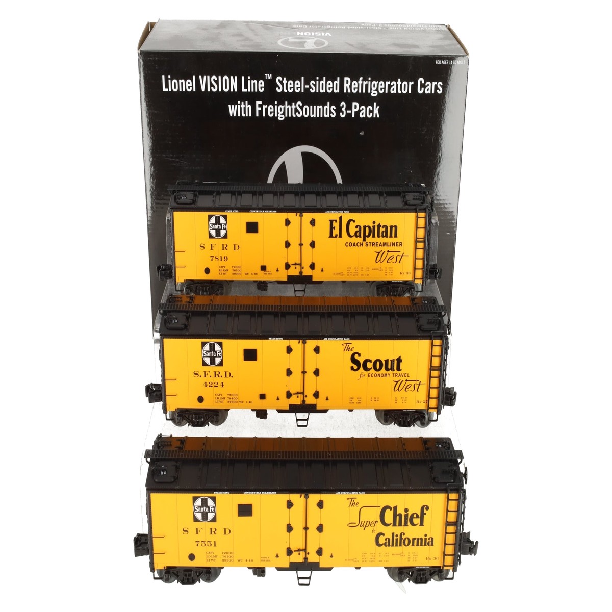 Lionel 6-83549 O Scale VISIONLINE ATSF Reefers w/One Operating Car (Set of 3) LN/Box