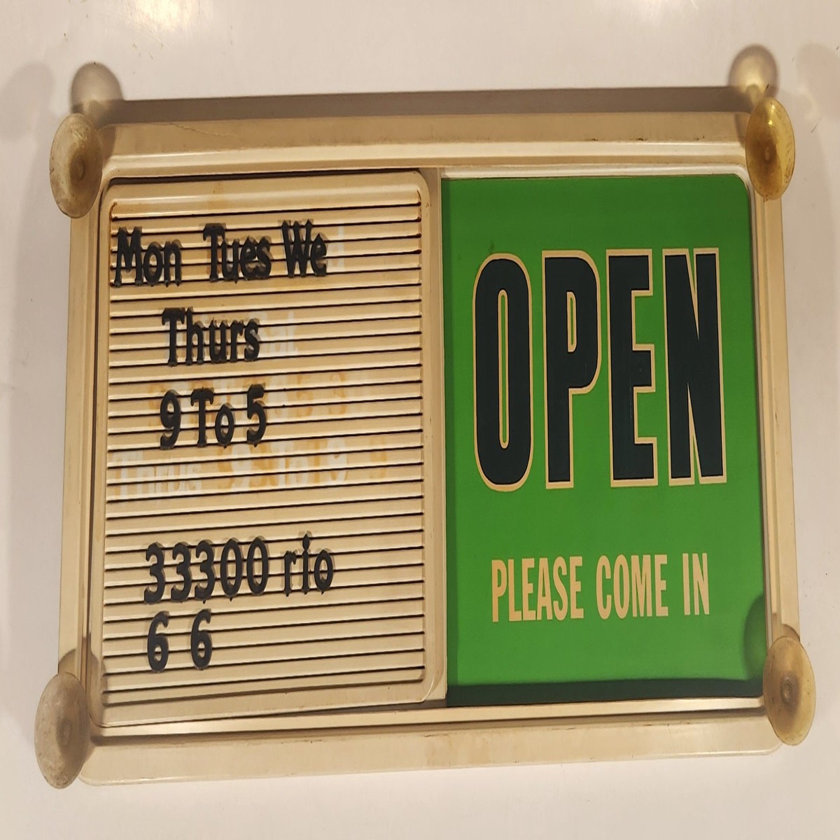 Open Closed Green and White Sliding 9 3/4" x 22" Suction Cup Plastic Double Sided Sign with Letters