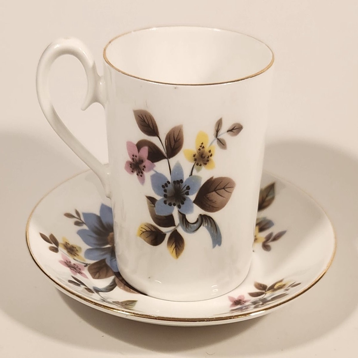 Vintage Royal Albert Bone China England Ascot Pink Yellow Blue Flowers Demitasse Tea Cup & Saucer Set