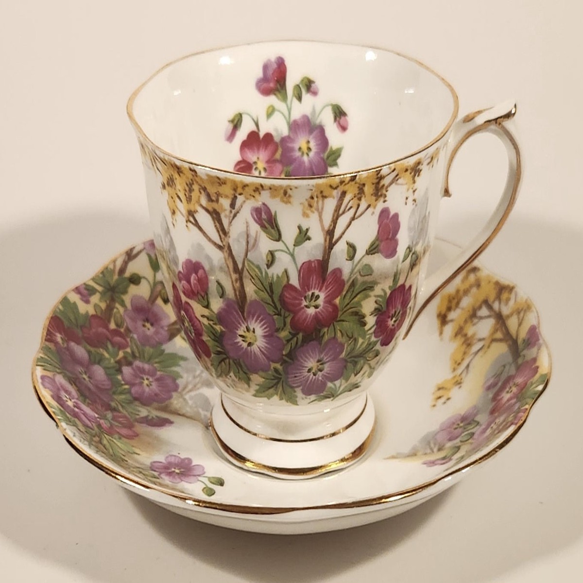 Vintage Royal Albert Bone China England Wild Geranium Purple and Pink Rose Flowers Tea Cup & Saucer Set