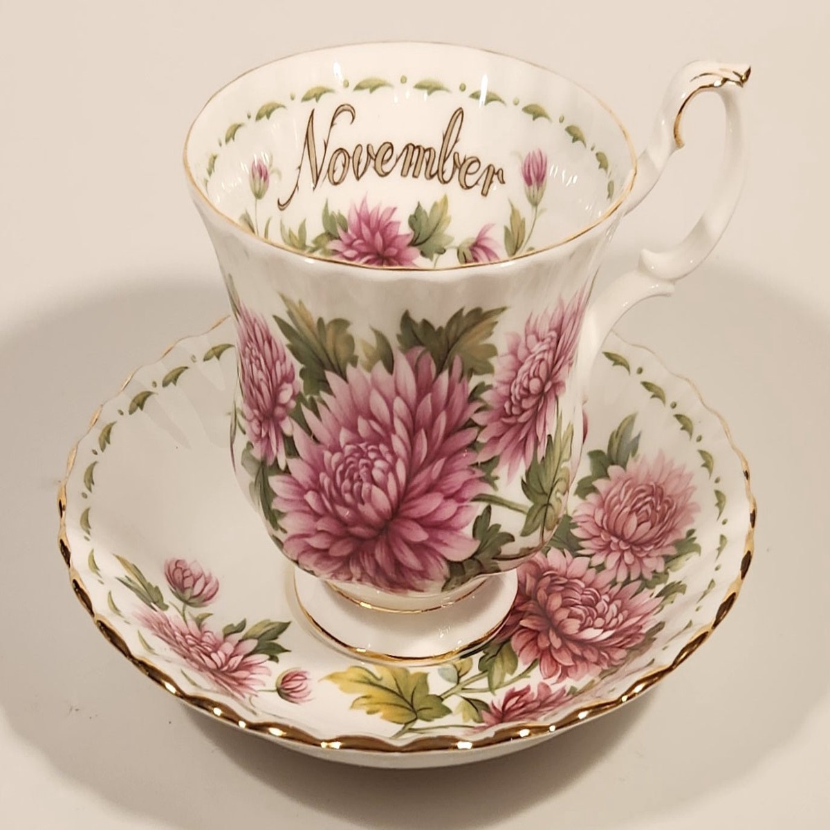 Vintage 1970s Royal Albert Flower of the Month Series November Chrysanthemum Pink Flowers Bone China Tea Cup & Saucer Set