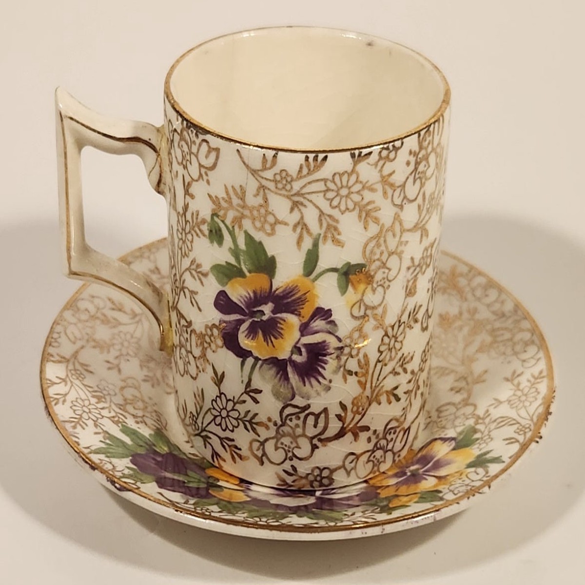 Vintage James Kent Ltd Longton 5022 Purple and Yellow Pansies Espresso Demitasse Cup and Saucer Set Made in England