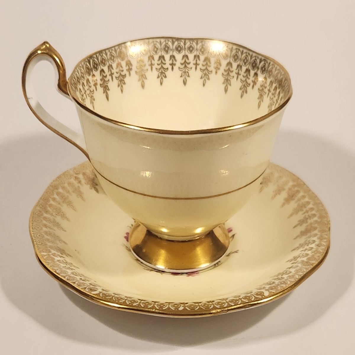 Vintage Queen Anne Fine Bone China England Pink and Blue Flowers Light Yellow Ornate Gold Trim Tea Cup & Saucer Set