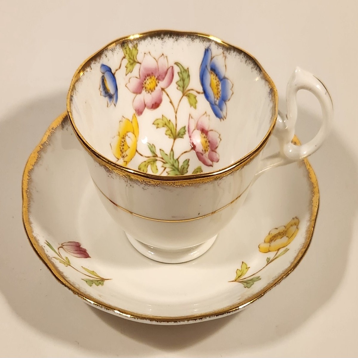 Vintage Royal Albert Crown China Anemone Pink Yellow Blue Flowers Tea Cup & Saucer Set Made in England