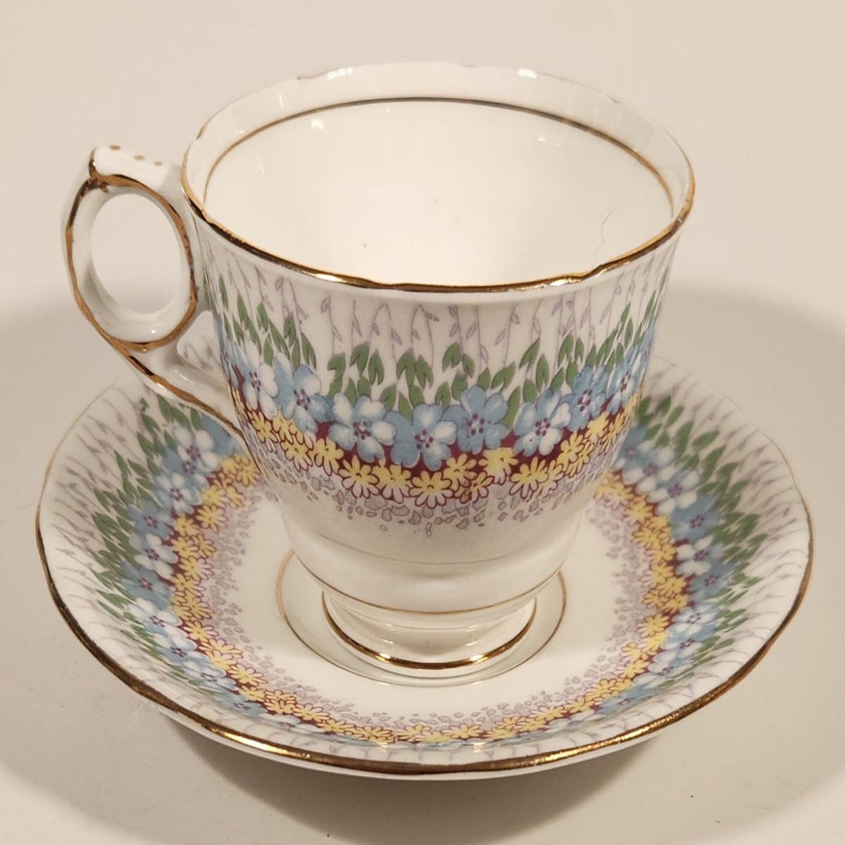 Vintage Royal Stafford Bone China Glendale Blue and Yellow Flowers Tea Cup & Saucer Set