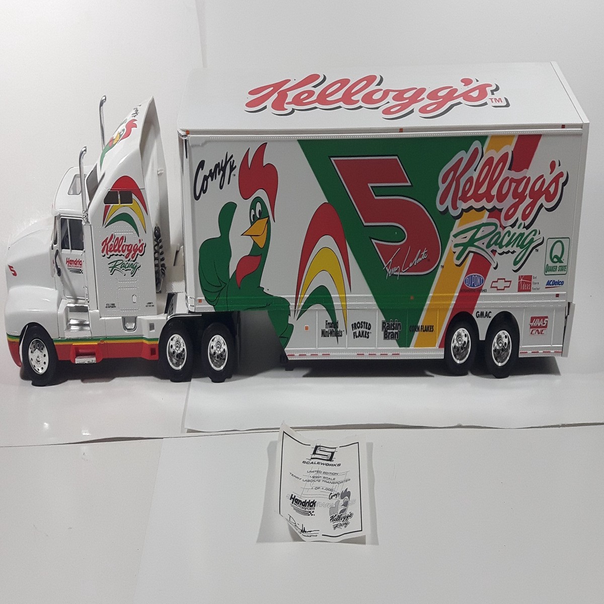 1996 Scaletech Limited Edition 1 of 1000 Kellogg's Racing Semi Tractor Truck and Trailer NASCAR #5 Terry Labonte Corn Flakes Corny Mascot White 1/24 Scale Large 29 1/2" Long Die Cast Toy Car Vehicle
