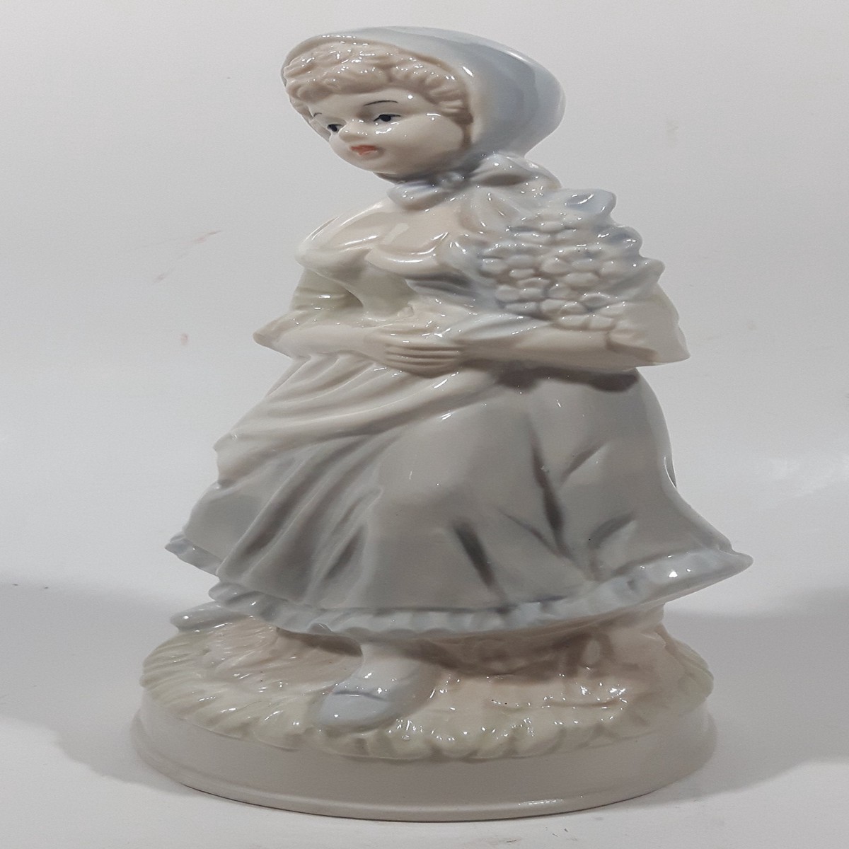 Vintage Sabre Fine Gifts Light Blue and Cream Woman in Bonnet Holding Flowers 8" Tall Ceramic Figurine
