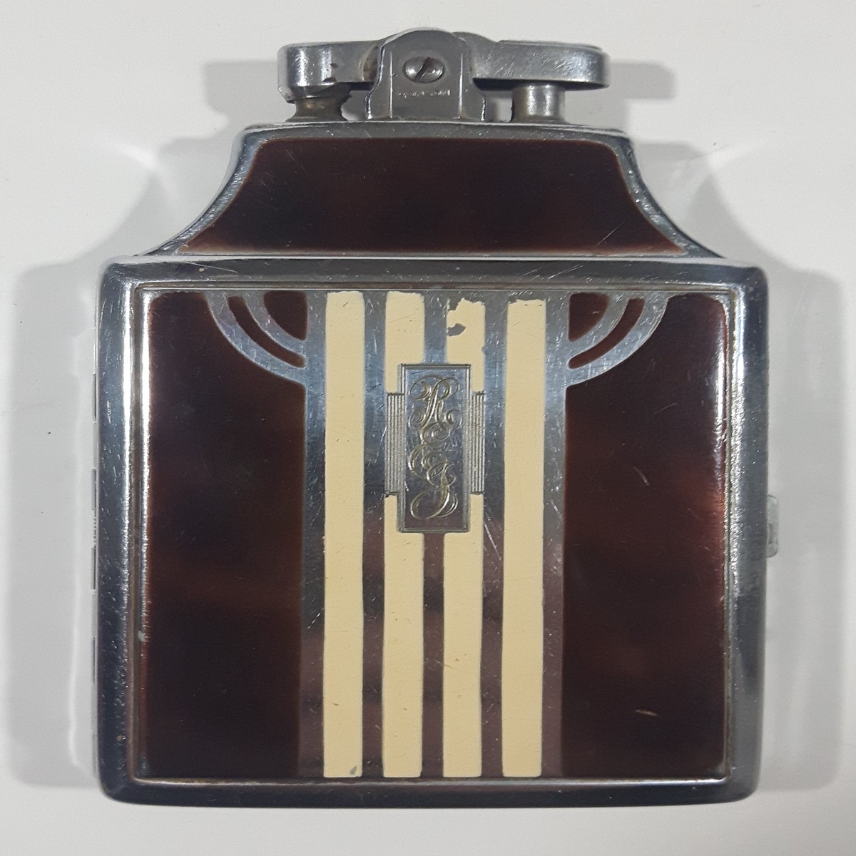 Rare Version Antique 1938 Ronson Mastercase Faux Tortoise Shell Enamel and Chrome Art Deco Design Cigarette Case and Lighter Combo