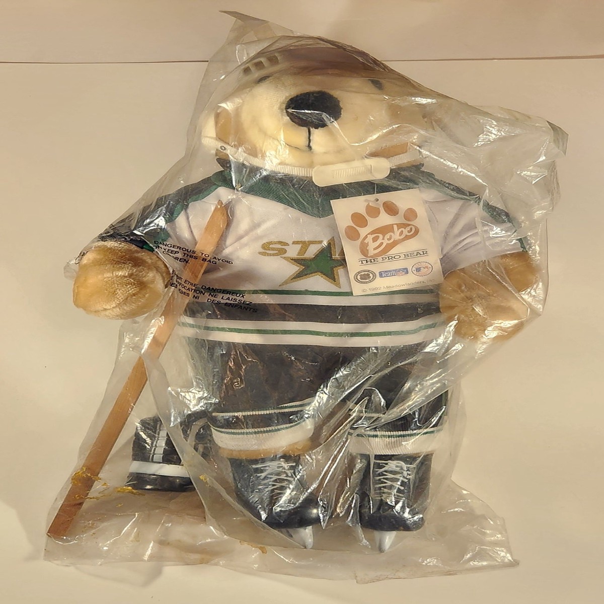 1992 Meadowlanders Bobo The Pro Bear NHL Minnesota North Stars Teddy Bear 21" Stuffed Plush Toy with Wood Hockey Stick in Bag with Tags Missing One Glove and Part of Stick Gone