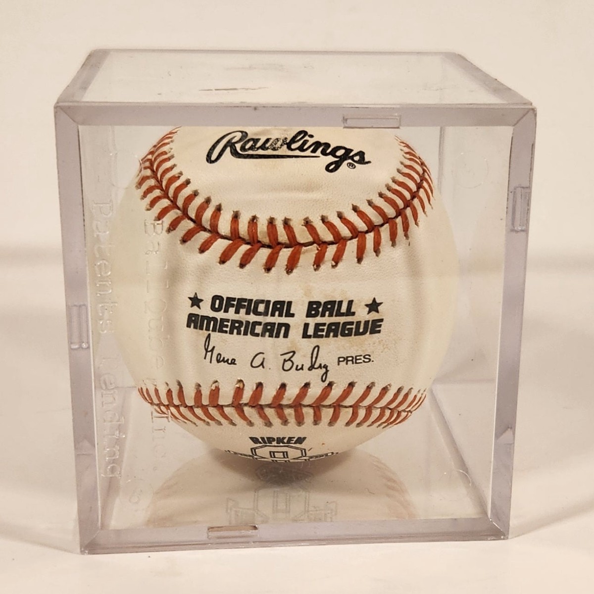 1990s Rawlings Cal Ripkin Jr. #8 Baltimore Orioles Official Ball American League Gene A. Budig Baseball in Display Case
