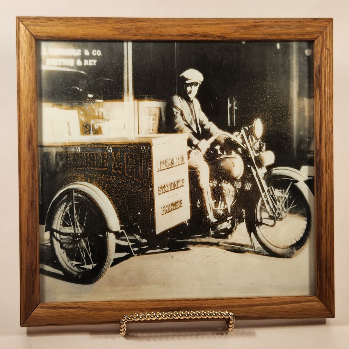 Antique A. Carlisle Co. Stationers Printers Salesman on Harley Davidson with Side Car 8 3/8" x 10 3/8" Wood Framed Black and White Photograph