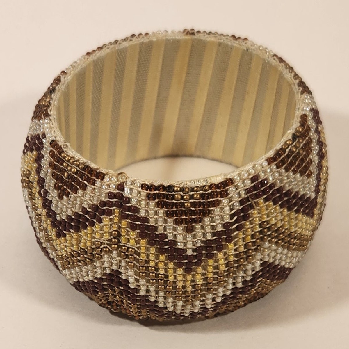 South Western Beaded Brown Tan Yellow Magenta Geometric Zip Zag Pattern Bangle Cuff Bracelet