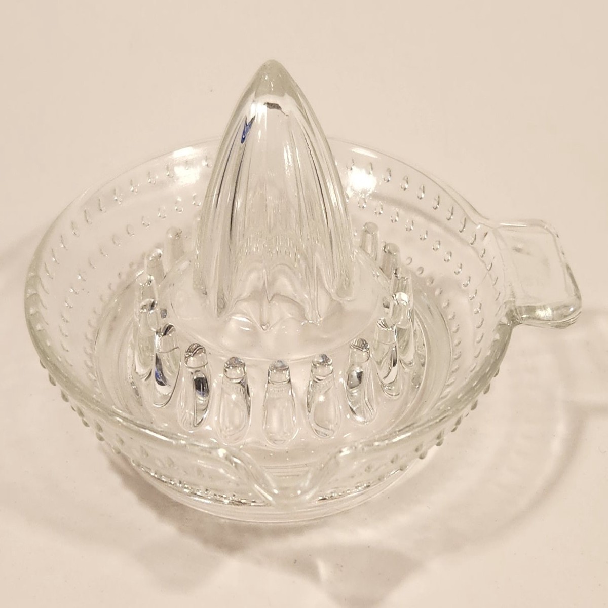 Vintage 1940s Lemon Hand Juicer Reamer Hobnail Depression Glass Bowl with Handle and Pour Spout
