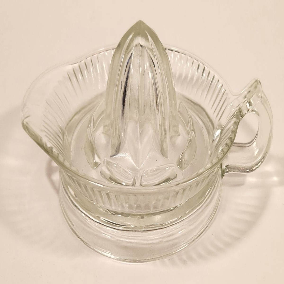 Vintage Lemon Hand Juicer Reamer Ribbed Depression Glass Bowl with Handle and Pour Spout