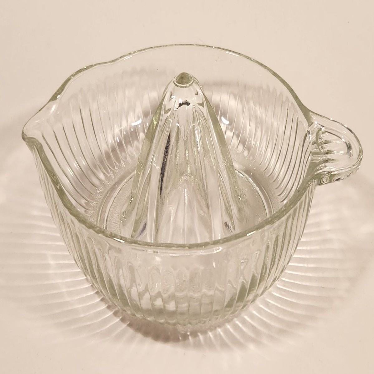 Vintage Lemon Hand Juicer Reamer Thin Ribbed Depression Glass Bowl with Handle and Pour Spout