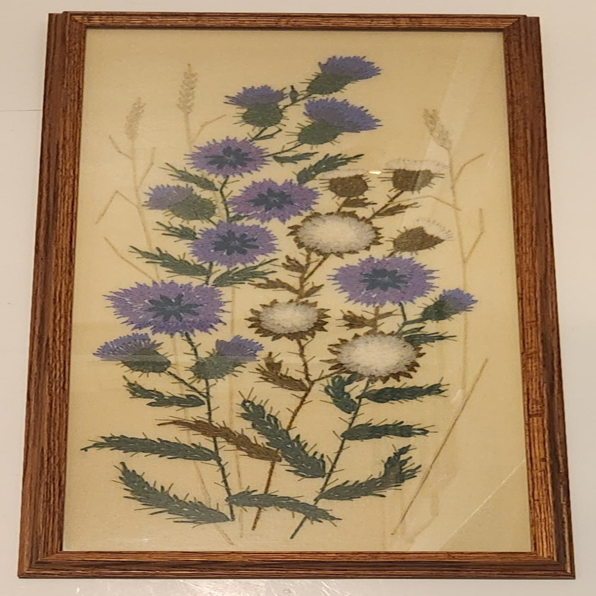 Vintage 1970s Paragon Blue Thistle In Bloom Flower Crewel Cross Stitch Large 16 3/4" x 37" Wood Framed Embroidery Wall Art