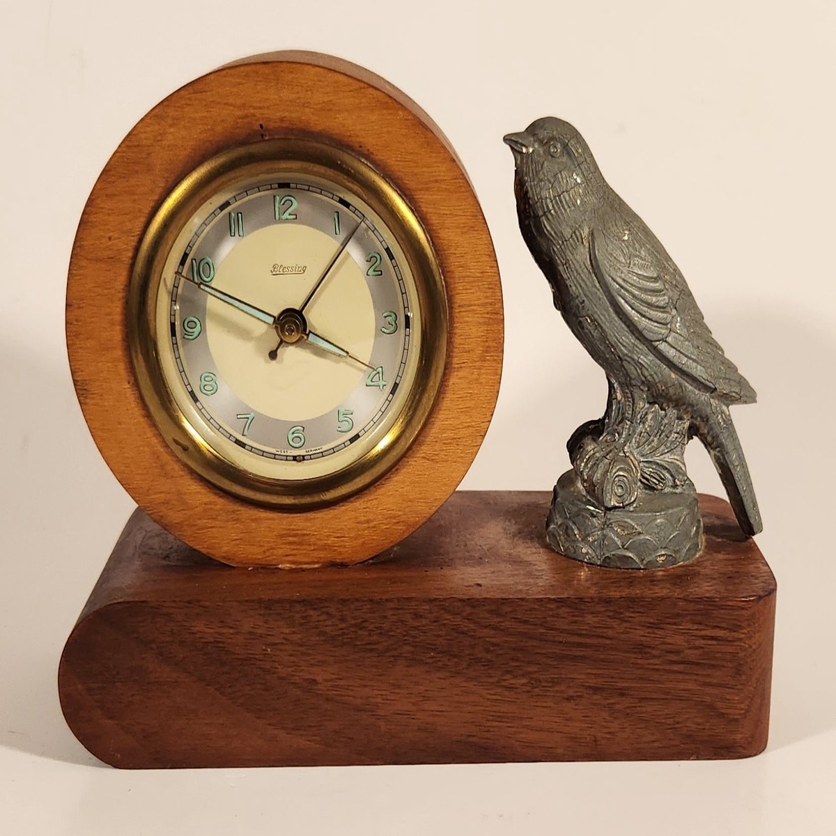 Rare Antique Blessing Metal Bird Wood Based Wind Up Alarm Desk Clock Made in West Germany