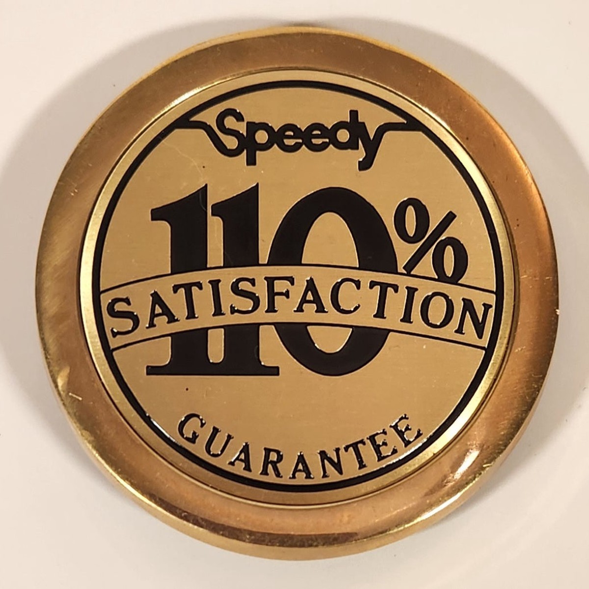 Rare Vintage Speedy Muffler King 110% Satisfaction Guarantee Brass Metal Belt Buckle