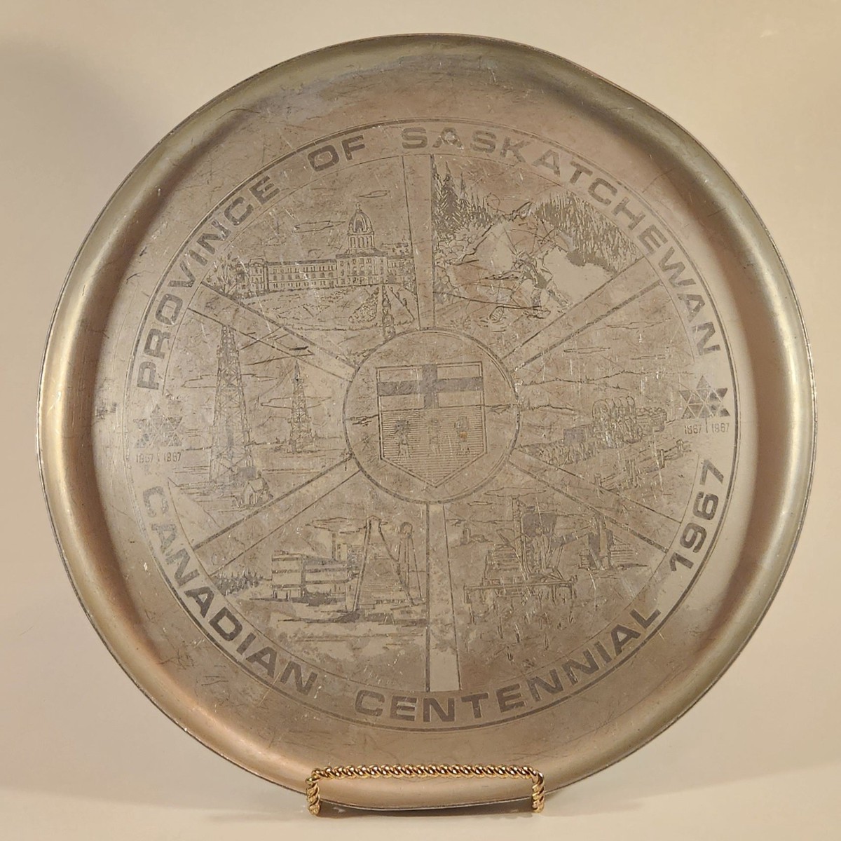 Vintage 1867-1967 Canadian Centennial Province of Saskatchewan Commemorative 13" Aluminum Metal Beverage Serving Tray