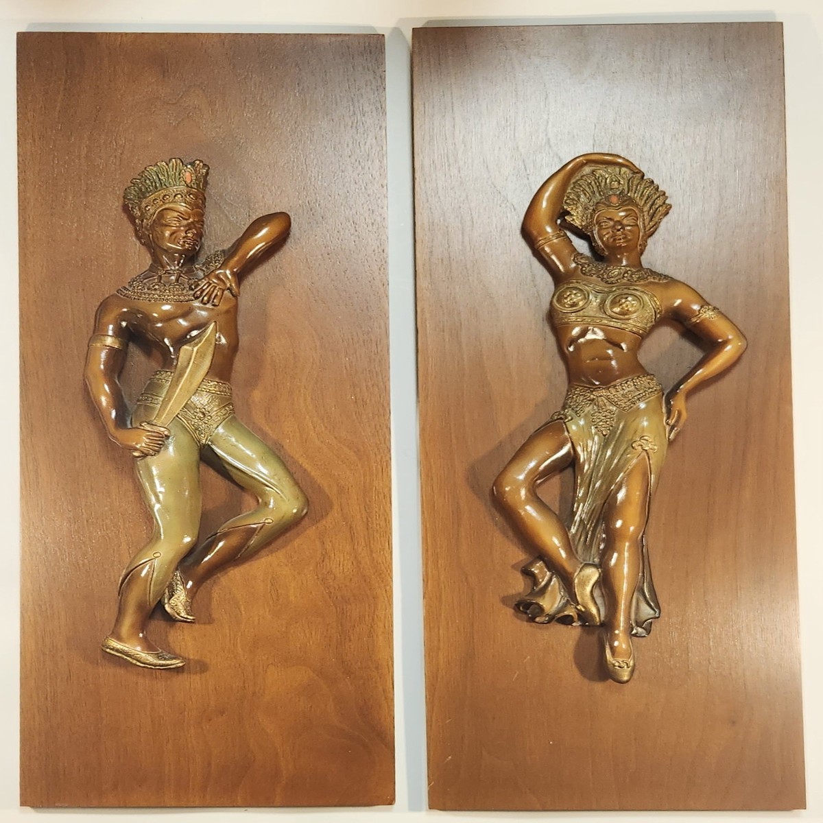 Vintage 1960s Girotti Sculptured Art Aztec Mayan Man Woman 3D Chalkware Wood Wall Plaques Set of 2