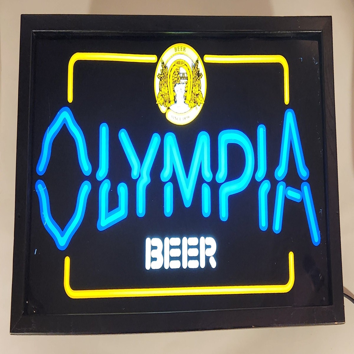 Vintage 1984 Olympia Beer Tumwater Good Luck Since 1896 Neon Style 14" x 22" Wood Framed Light Up Sign