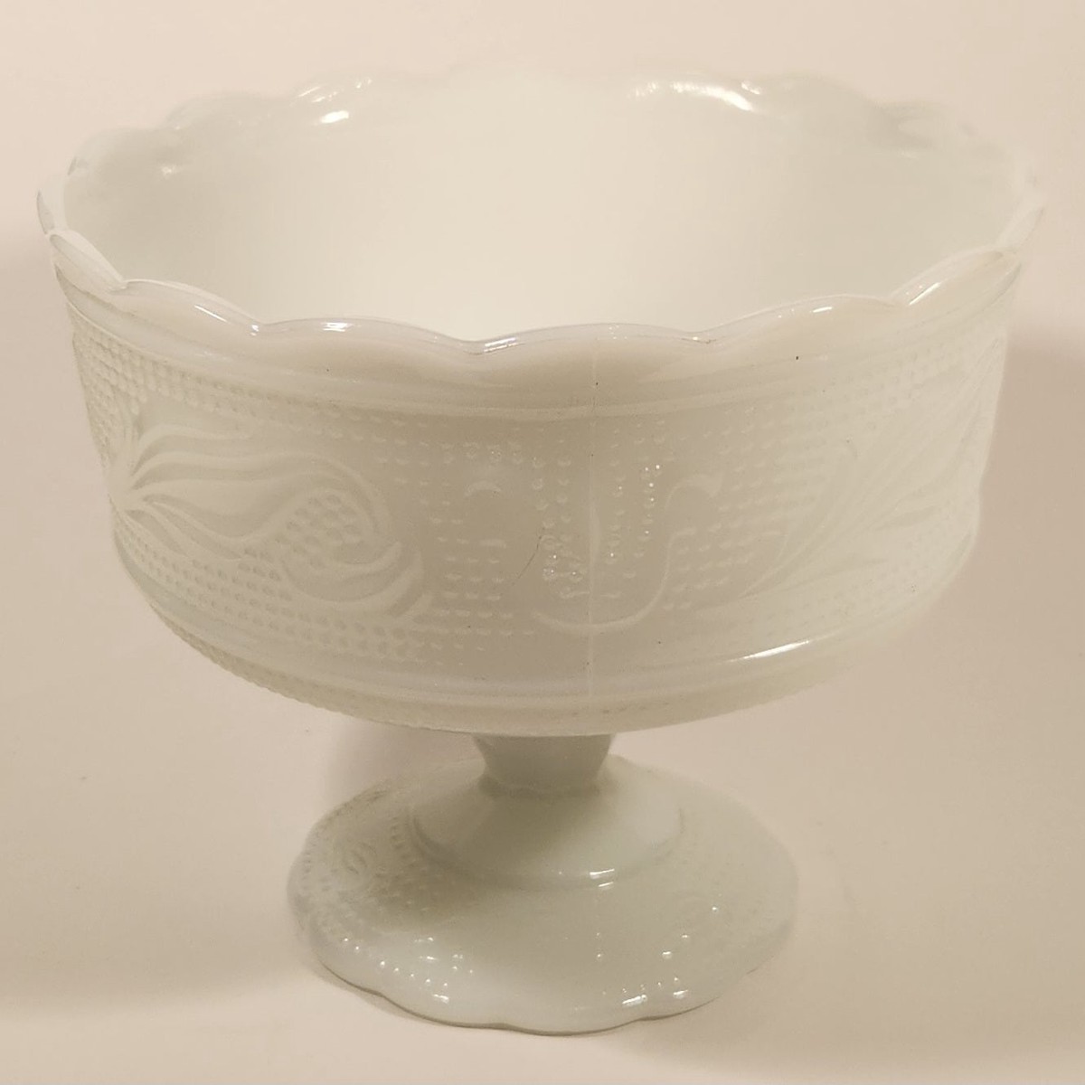 Antique E. O. Brody Co. M 6000 Cleveland Ohio U.S.A. Embossed White Milk Glass Pedestal Candy Dish