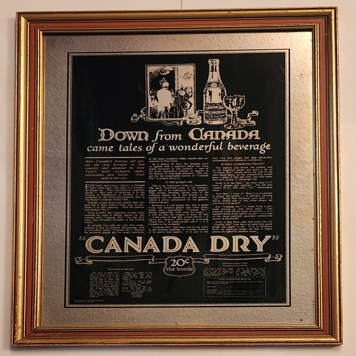 Rare Vintage Canada Dry Down From Canada Came Tales Of A Wonderful Beverage The 20c Bottle 23" x 32" Wood Framed Pub Mirror