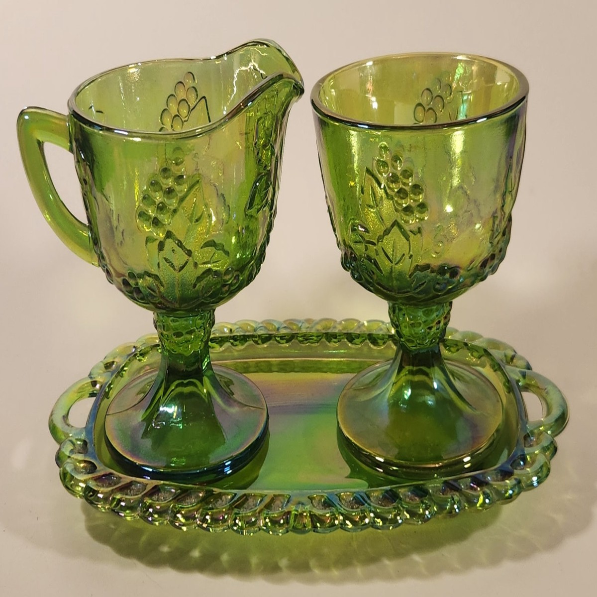 Vintage Indiana Carnival Glass Grapes Iridescent Green Creamer and Sugar Bowl Set with Tray